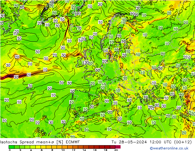 Isotachen Spread ECMWF Di 28.05.2024 12 UTC