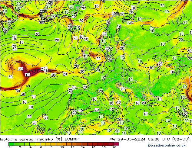 Isotachs Spread ECMWF mer 29.05.2024 06 UTC