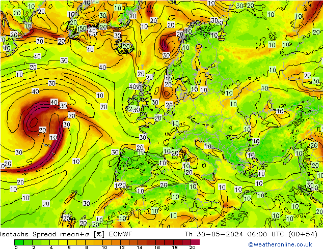 Isotachen Spread ECMWF Do 30.05.2024 06 UTC