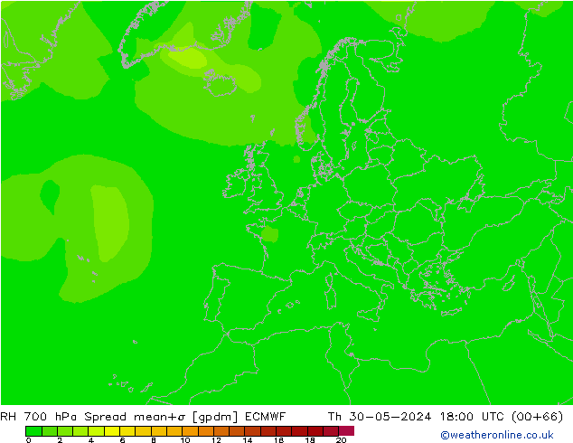 RH 700 hPa Spread ECMWF Čt 30.05.2024 18 UTC