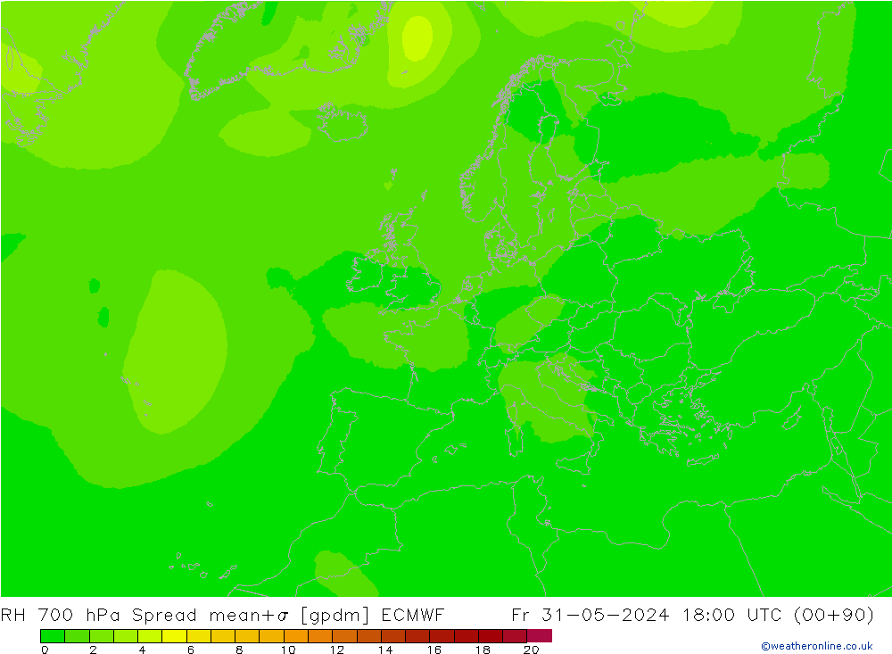 RH 700 hPa Spread ECMWF Pá 31.05.2024 18 UTC