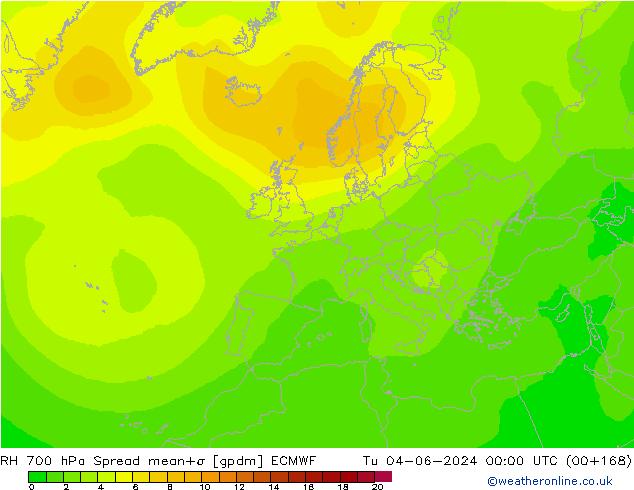 Humedad rel. 700hPa Spread ECMWF mar 04.06.2024 00 UTC