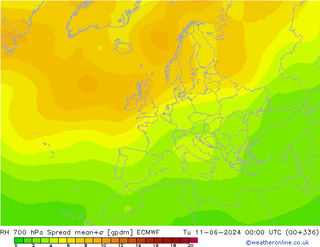 RH 700 hPa Spread ECMWF mar 11.06.2024 00 UTC