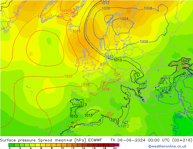 Surface pressure Spread ECMWF Th 06.06.2024 00 UTC