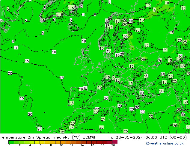 Temperature 2m Spread ECMWF Tu 28.05.2024 06 UTC