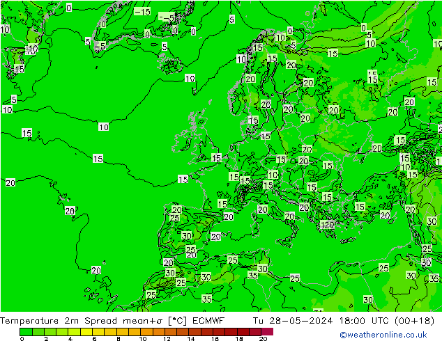 Temperature 2m Spread ECMWF Tu 28.05.2024 18 UTC
