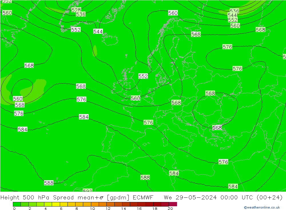 Height 500 hPa Spread ECMWF śro. 29.05.2024 00 UTC