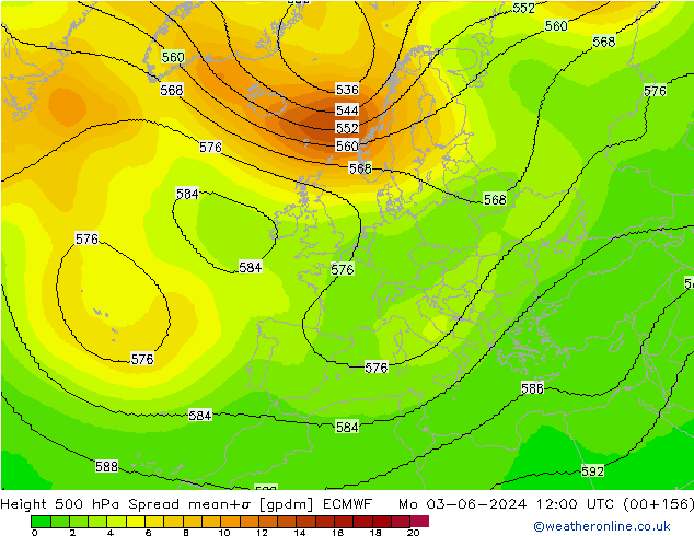 Height 500 hPa Spread ECMWF Mo 03.06.2024 12 UTC