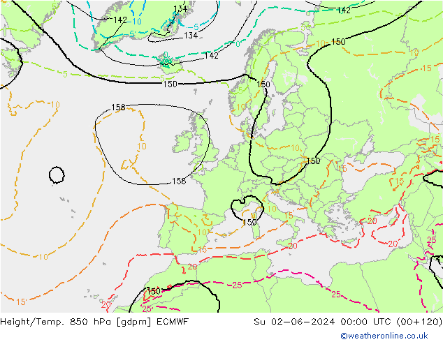 Height/Temp. 850 гПа ECMWF Вс 02.06.2024 00 UTC