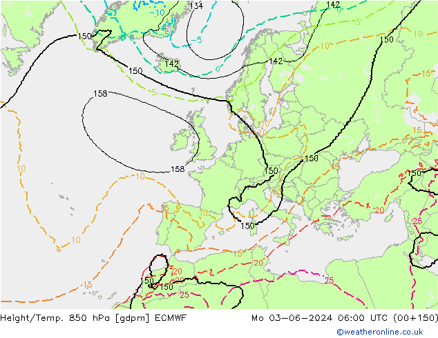 Geop./Temp. 850 hPa ECMWF lun 03.06.2024 06 UTC