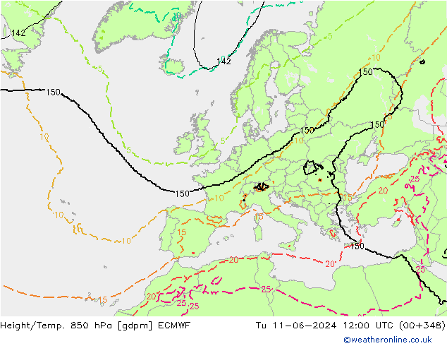 Yükseklik/Sıc. 850 hPa ECMWF Sa 11.06.2024 12 UTC