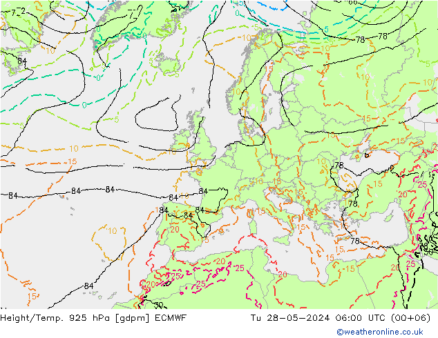 Height/Temp. 925 hPa ECMWF mar 28.05.2024 06 UTC