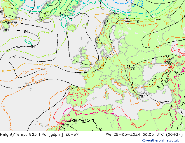 Height/Temp. 925 hPa ECMWF Mi 29.05.2024 00 UTC