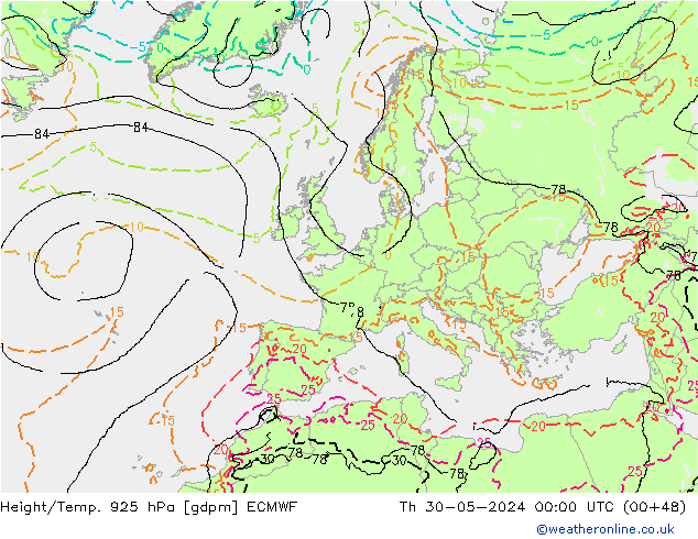 Geop./Temp. 925 hPa ECMWF jue 30.05.2024 00 UTC