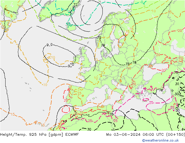 Yükseklik/Sıc. 925 hPa ECMWF Pzt 03.06.2024 06 UTC