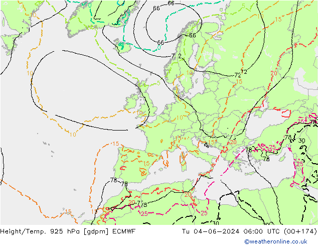 Height/Temp. 925 hPa ECMWF Tu 04.06.2024 06 UTC