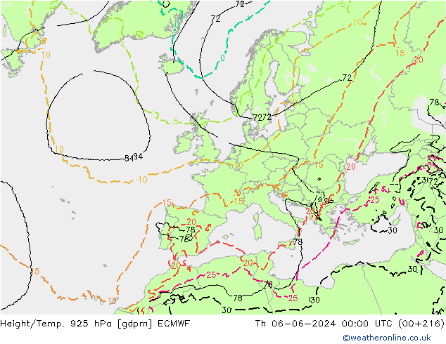Yükseklik/Sıc. 925 hPa ECMWF Per 06.06.2024 00 UTC