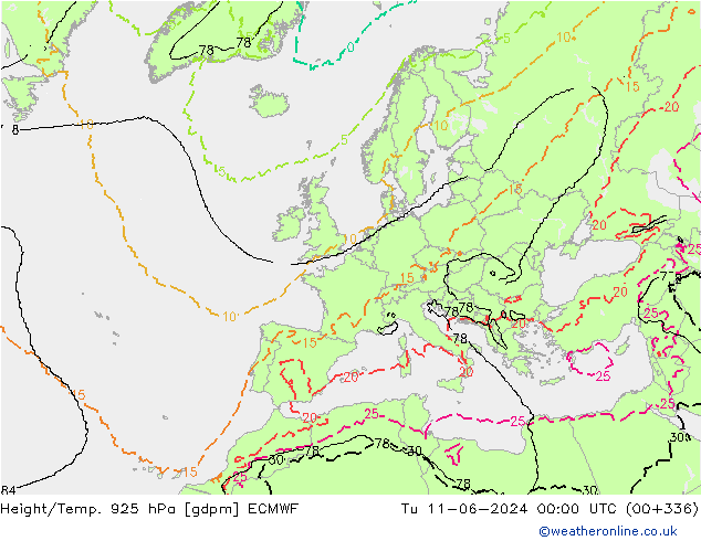 Yükseklik/Sıc. 925 hPa ECMWF Sa 11.06.2024 00 UTC