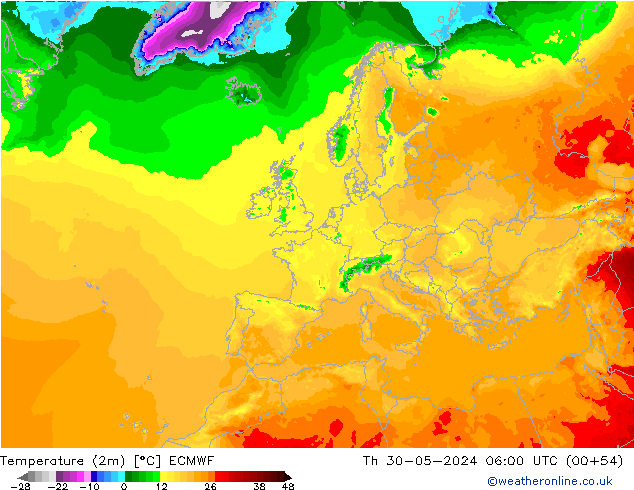 mapa temperatury (2m) ECMWF czw. 30.05.2024 06 UTC