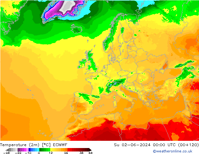 mapa temperatury (2m) ECMWF nie. 02.06.2024 00 UTC