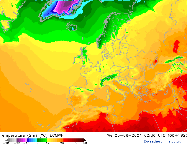 mapa temperatury (2m) ECMWF śro. 05.06.2024 00 UTC