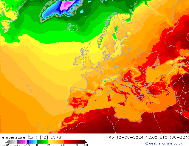 Temperature (2m) ECMWF Mo 10.06.2024 12 UTC