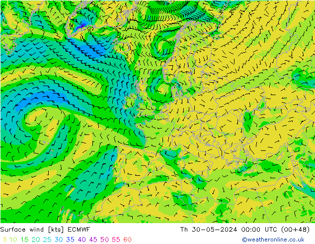 Surface wind ECMWF Čt 30.05.2024 00 UTC