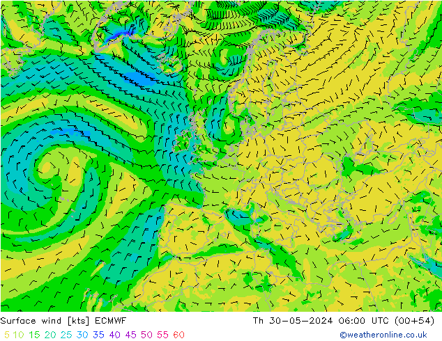 Wind 10 m ECMWF do 30.05.2024 06 UTC