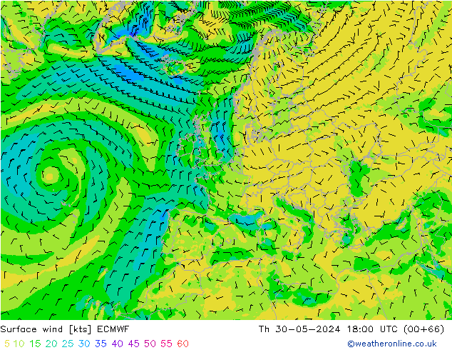 Wind 10 m ECMWF do 30.05.2024 18 UTC