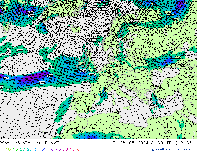 Wind 925 hPa ECMWF Út 28.05.2024 06 UTC