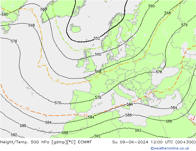 Height/Temp. 500 hPa ECMWF Dom 09.06.2024 12 UTC