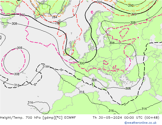 Height/Temp. 700 hPa ECMWF gio 30.05.2024 00 UTC