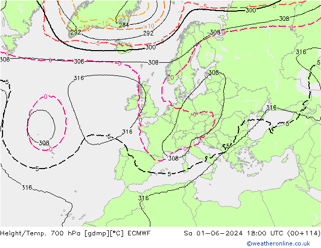 Height/Temp. 700 гПа ECMWF сб 01.06.2024 18 UTC