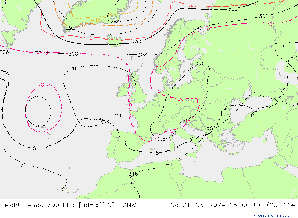 Height/Temp. 700 hPa ECMWF Sa 01.06.2024 18 UTC