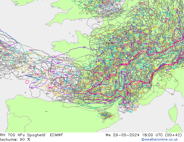 RH 700 hPa Spaghetti ECMWF We 29.05.2024 18 UTC