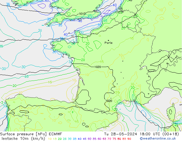 Izotacha (km/godz) ECMWF wto. 28.05.2024 18 UTC