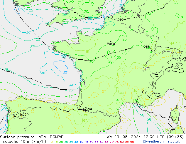 Isotachs (kph) ECMWF We 29.05.2024 12 UTC