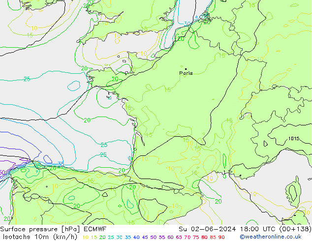 Isotachs (kph) ECMWF Su 02.06.2024 18 UTC