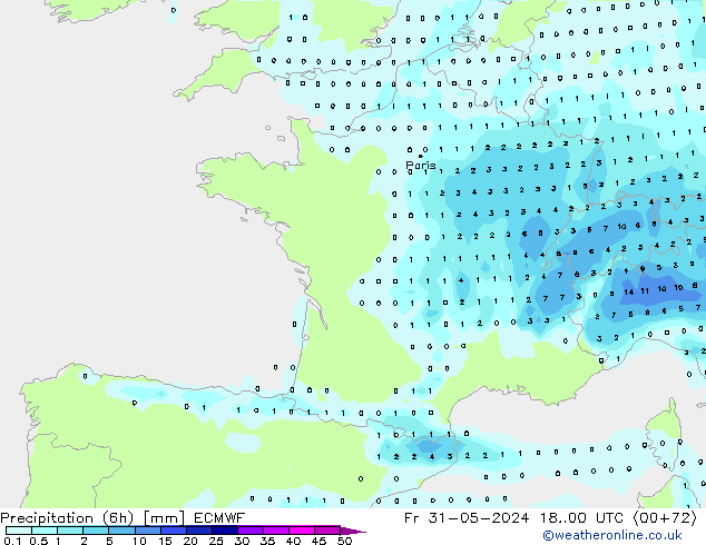 Totale neerslag (6h) ECMWF vr 31.05.2024 00 UTC