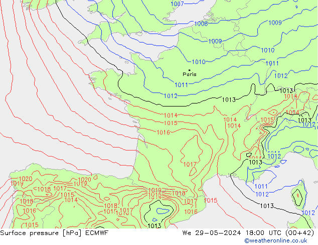 Luchtdruk (Grond) ECMWF wo 29.05.2024 18 UTC