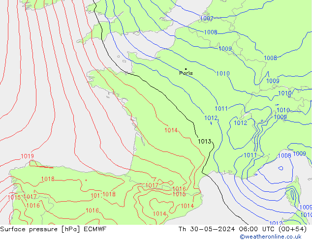 Presión superficial ECMWF jue 30.05.2024 06 UTC