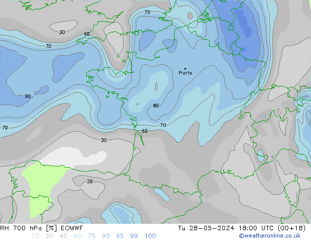 RH 700 hPa ECMWF Tu 28.05.2024 18 UTC