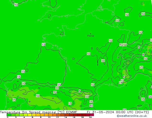 Temperatuurkaart Spread ECMWF vr 31.05.2024 00 UTC