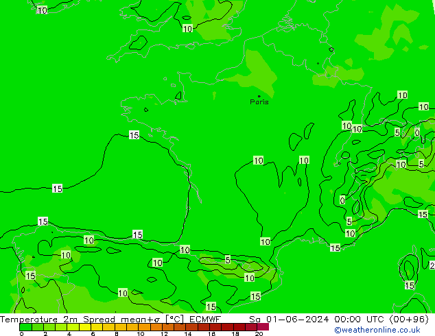 Temperatura 2m Spread ECMWF sáb 01.06.2024 00 UTC