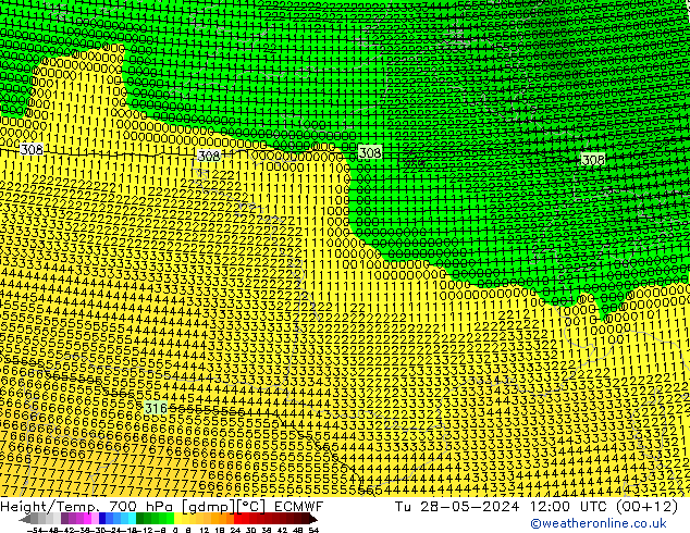 Height/Temp. 700 hPa ECMWF Tu 28.05.2024 12 UTC