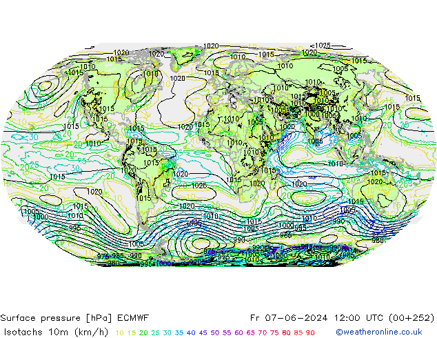 Isotachs (kph) ECMWF пт 07.06.2024 12 UTC