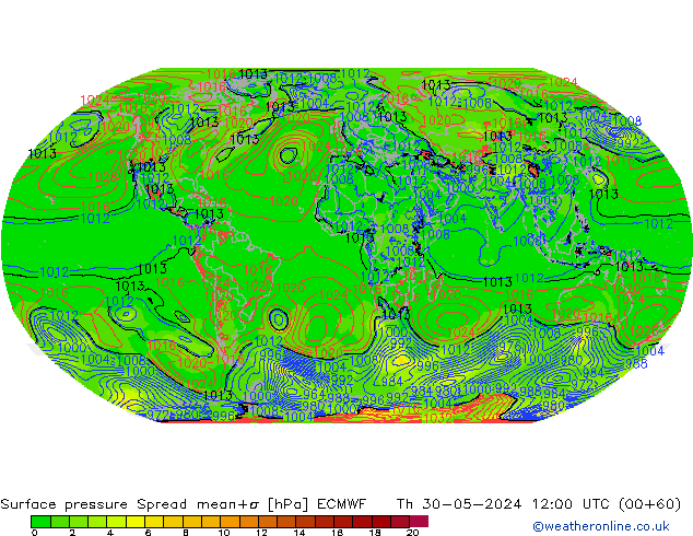 Atmosférický tlak Spread ECMWF Čt 30.05.2024 12 UTC