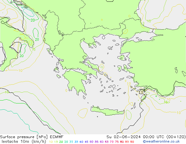 Isotachs (kph) ECMWF Вс 02.06.2024 00 UTC