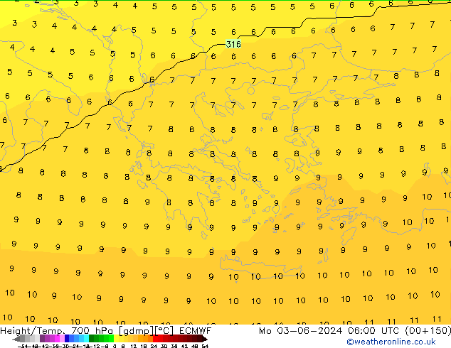 Height/Temp. 700 hPa ECMWF Po 03.06.2024 06 UTC