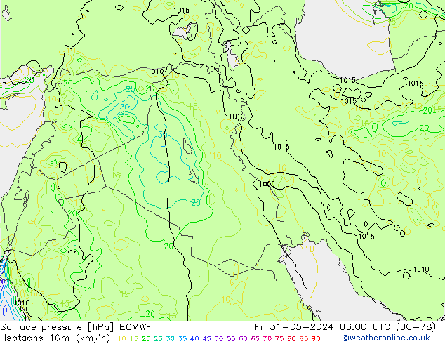 Izotacha (km/godz) ECMWF pt. 31.05.2024 06 UTC